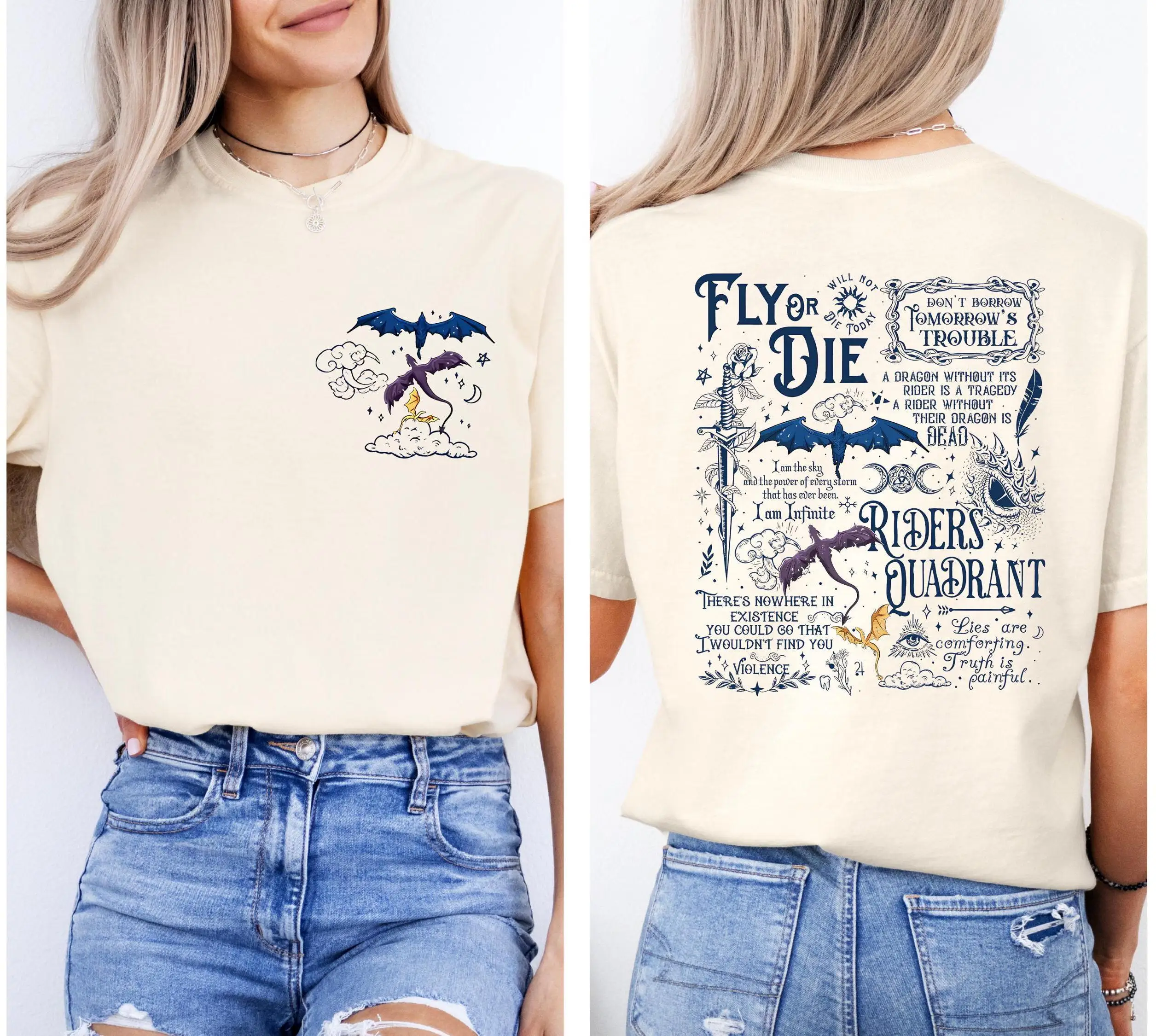 Fourth Wing Fly or Die T-shirt Double Sided Print Riders Quadrant Dragon Fantasy Book Graphic Tees Unisex Oversized T Shirts