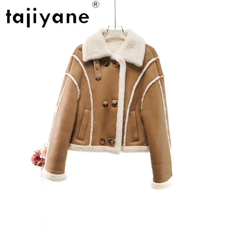 TAJIYANE High Quality Catus Sheep Shearling Real Fur Coat Woman Stylish Biker Fur Jacket Winter Clothes Double-breasted Шуба New