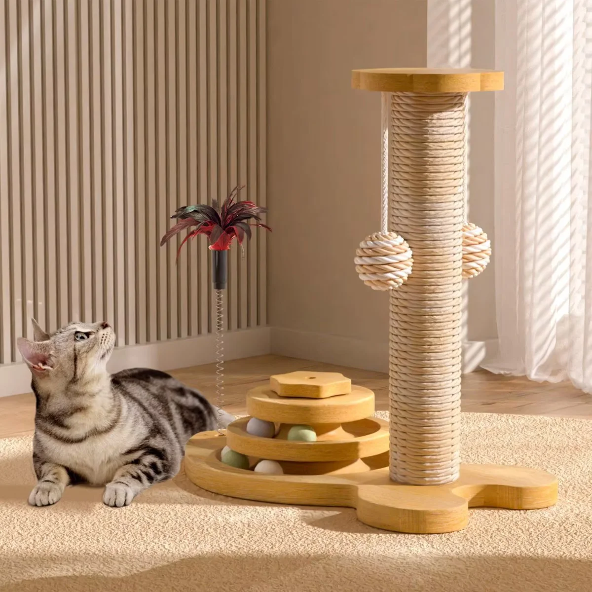 Cat scratch board is wear-resistant and does not shed debris. Cat scratch column is made of sisal hemp, and cat toys are used to