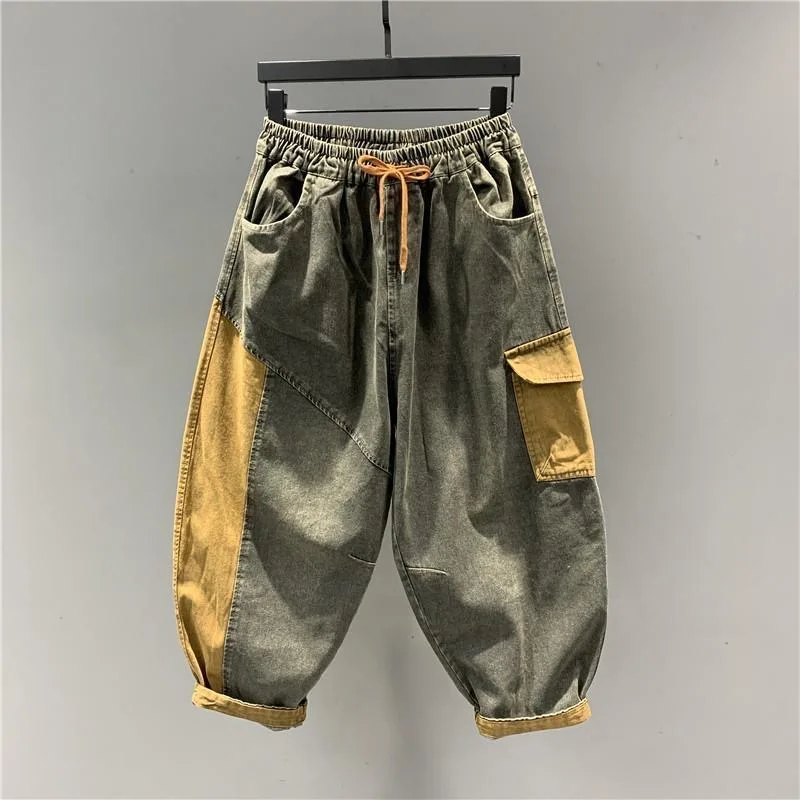 Plus Size Patchwork Jeans Men Elastic Waist Casual Trousers