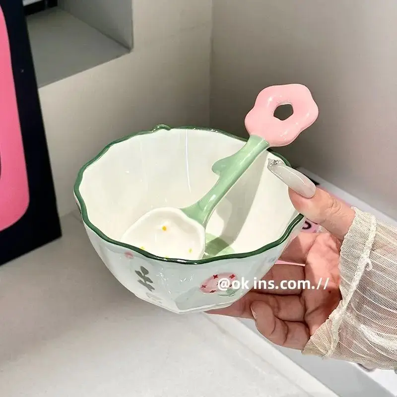 Creative Relief Flower Ceramic Bowl and Dish Set with High Aesthetic Value Underglaze Color Household Heat-resistant Tableware