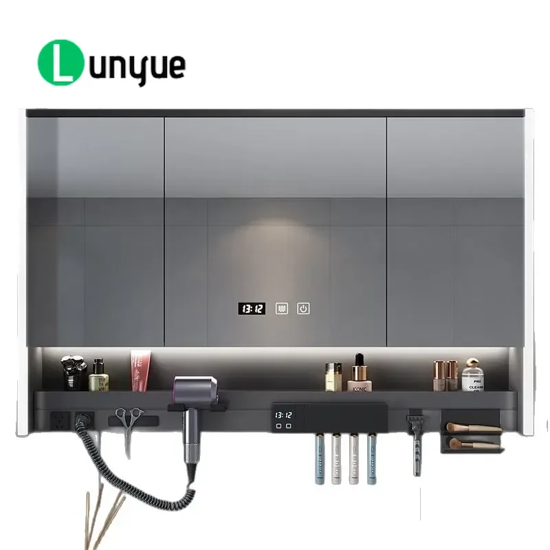 Multifunctional Smart Bathroom Mirror Cabinet with Hair Dryer Toothbrush Disinfection Rack Ambient Light Laminate Integrated