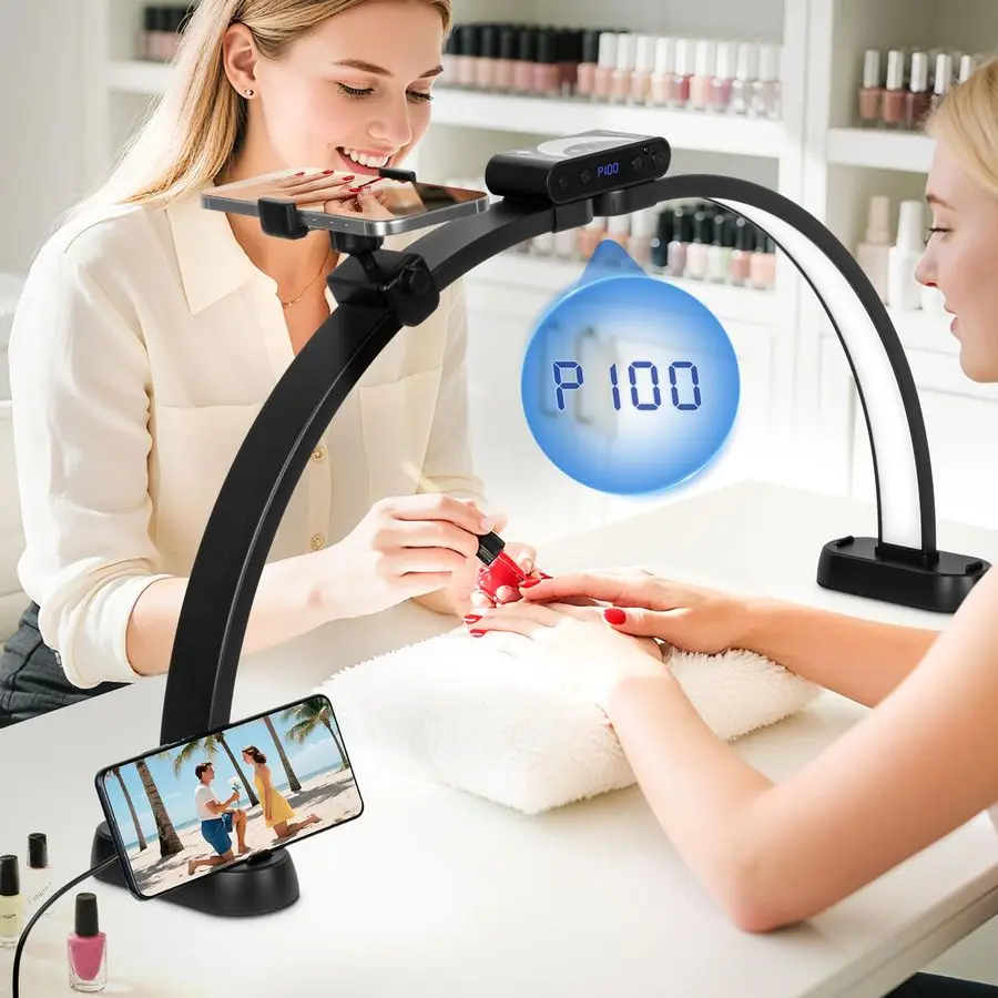 

29inch Large Half Moon Light for Nail Tech, 456 LEDs 3 Color Modes Infinitely Knob Arch Nail Light with Screen and Phone Holder