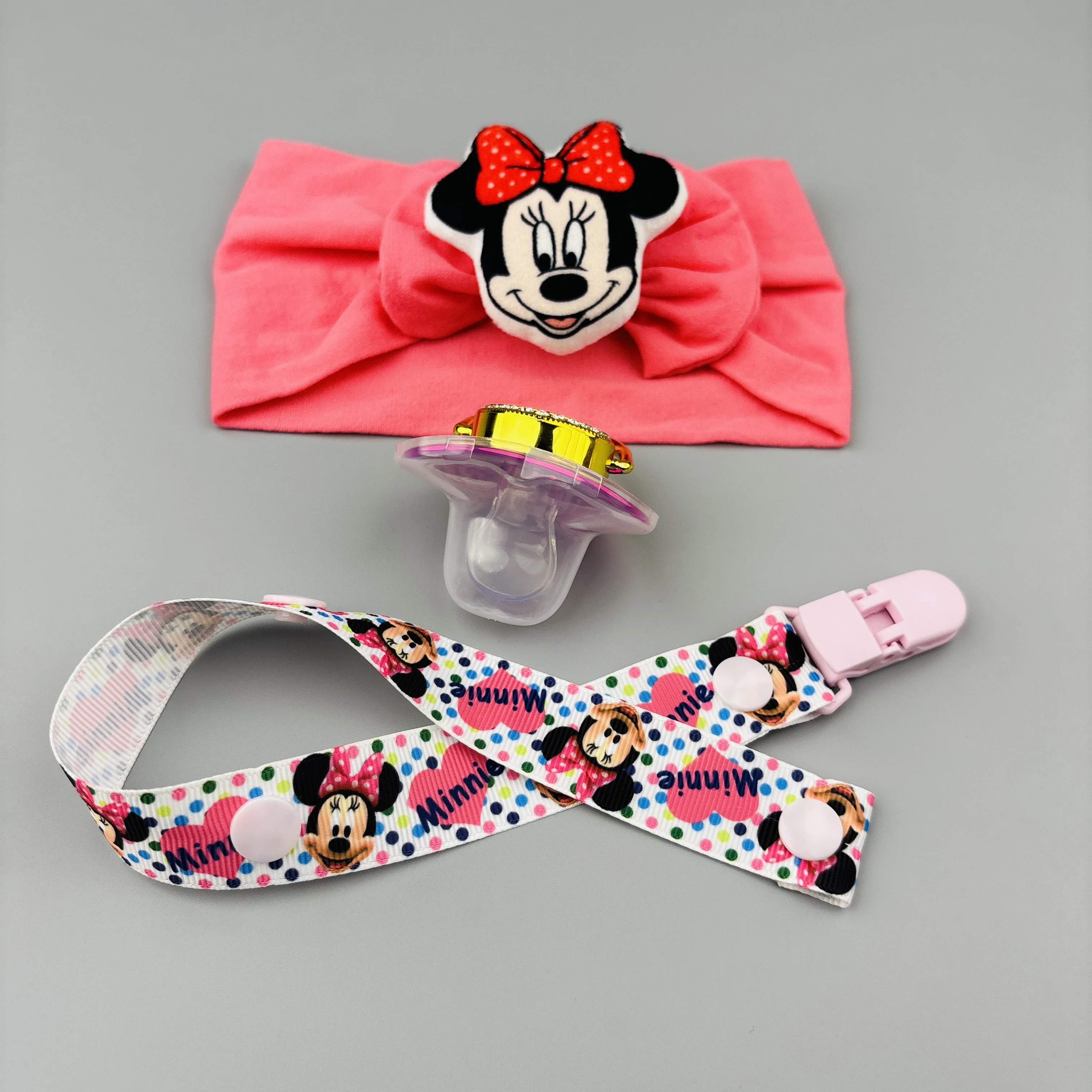 Luxurious baby Minnie Mouse printed pacifier clip and pacifier baby hair band 3D plush hair cap baby photo props babymama