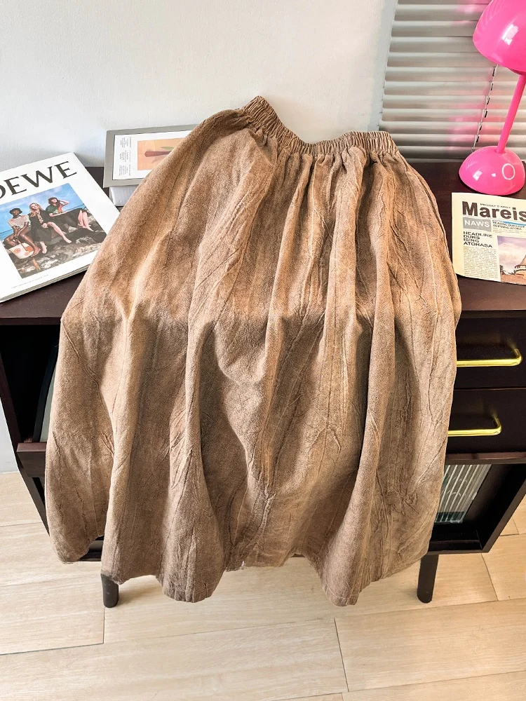 

Окрашенная в стиле ретро юбка из конопли с высокой талией, юбка-миди трапециевидной формы, женская весенне-осенняя плиссированная длинная юбка чистого цвета