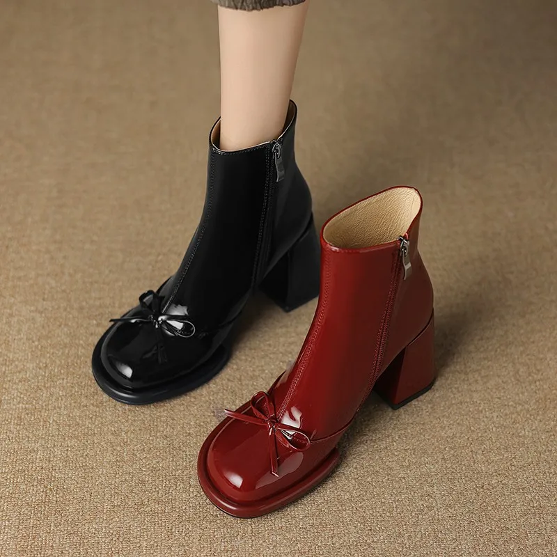 Elegant High Heels Women Ankle Boots Bow Sweet Shoes Winter New 2025 Trend Chunky Pu Leather Party Dress Snow Boots Pumps Mujer