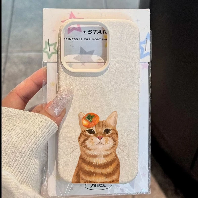 

Persimmon Orange Cat Pattern Phone Case For iPhone 17 Pro Max 16 15 14 13 12 11 XS Max X XR 7 8 Plus 16E 17E 17Air Bumper Cover