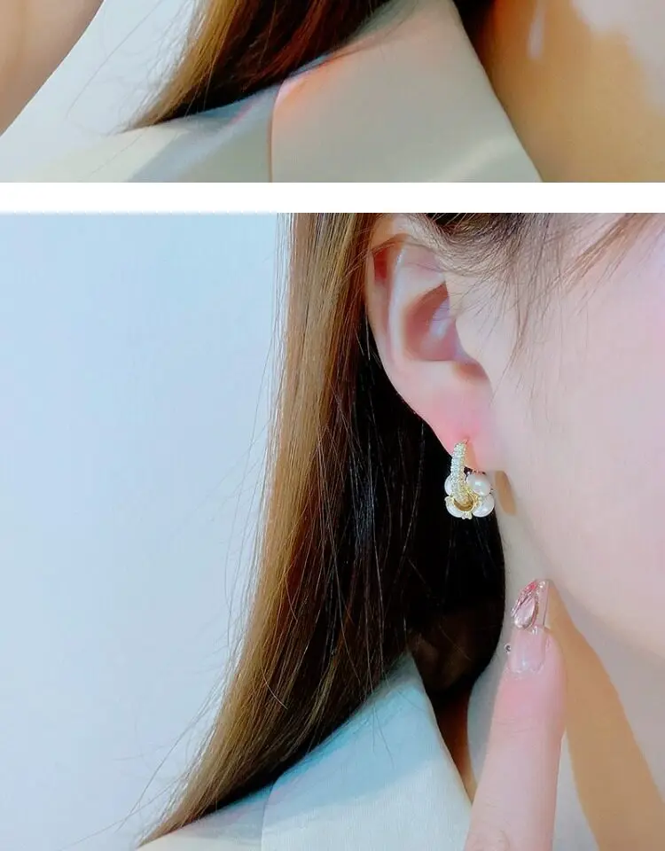Neues Design, luxuriöser, mikropavébesetzter Zirkon-Ohrring mit Goldfarbenem Verschluss und künstlichem Perlenanhänger für Damen, vielseitiges Schmuck-Accessoire – Detail 5