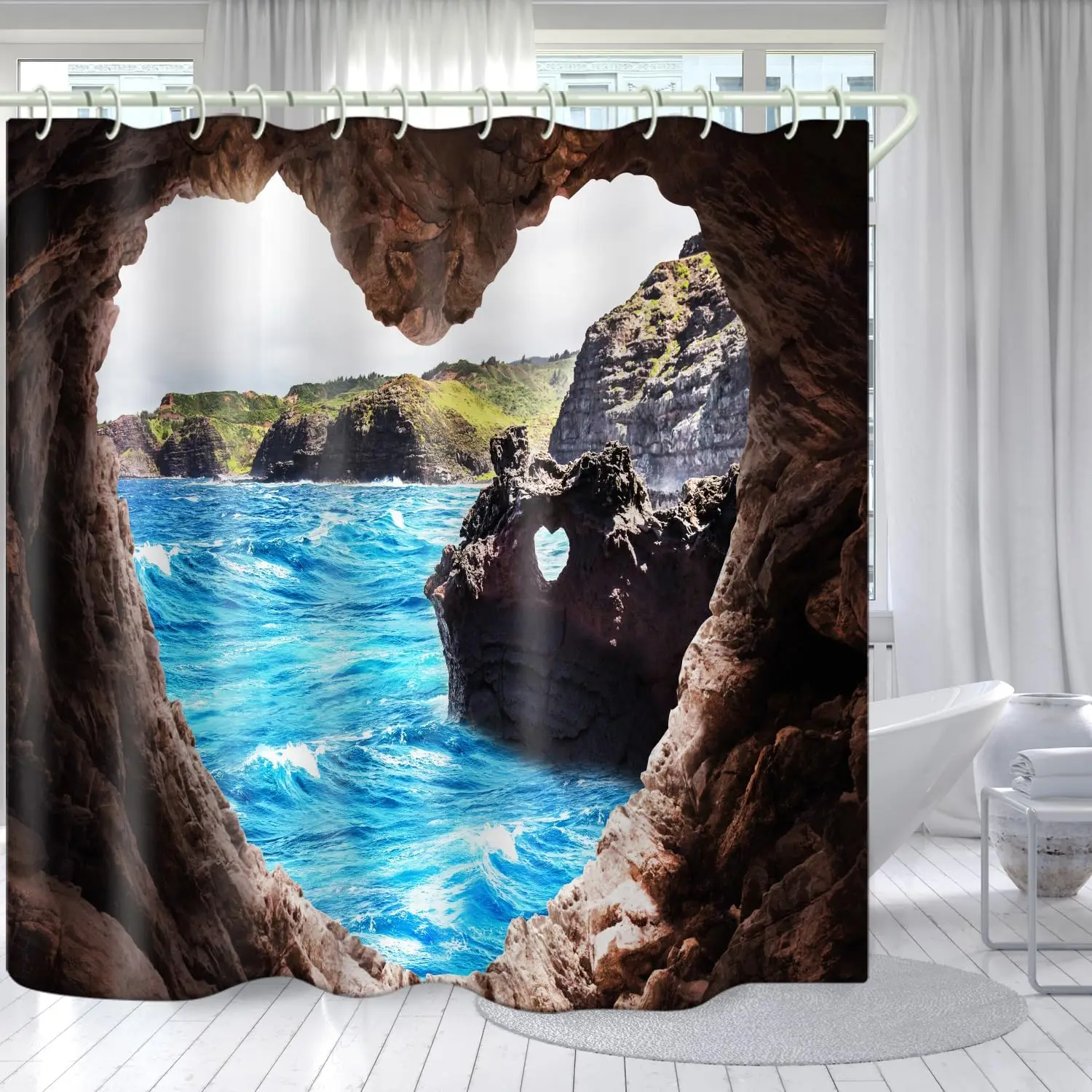 Coastal Heart-Shaped Rock Decorative Shower Curtain, Fabric Bathtub Curtain with 12 Shower Curtain Hook