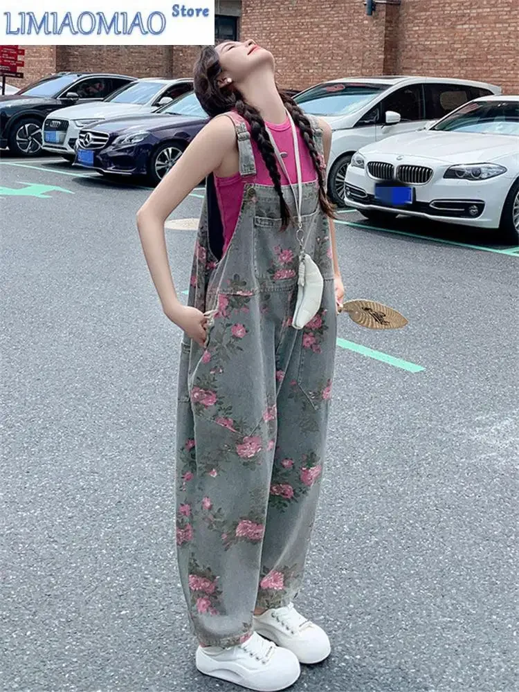 

Women's Flower Print Pattern Vintage Overalls Fashion Streetwear Sweet Girl Wide Leg Pants Female Baggy Rompers Straight Trouser