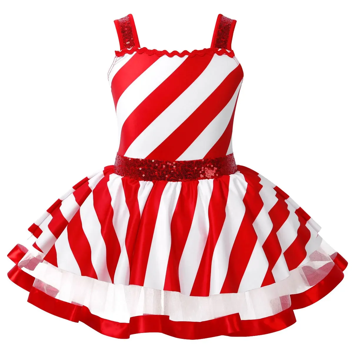 Girls Christmas Dance Costume Candy Cane Santa Claus Leotard Dress Sequins Striped Ice Skating Roller Dancewear