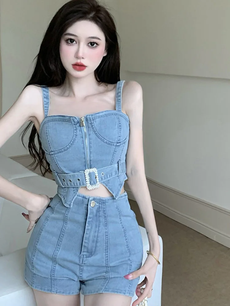 

Women's Summer Holiday Beach Style 2pcs Sets Spaghetti Strap Denim Tops+High Waist Jeans Shorts Suits 2024 New