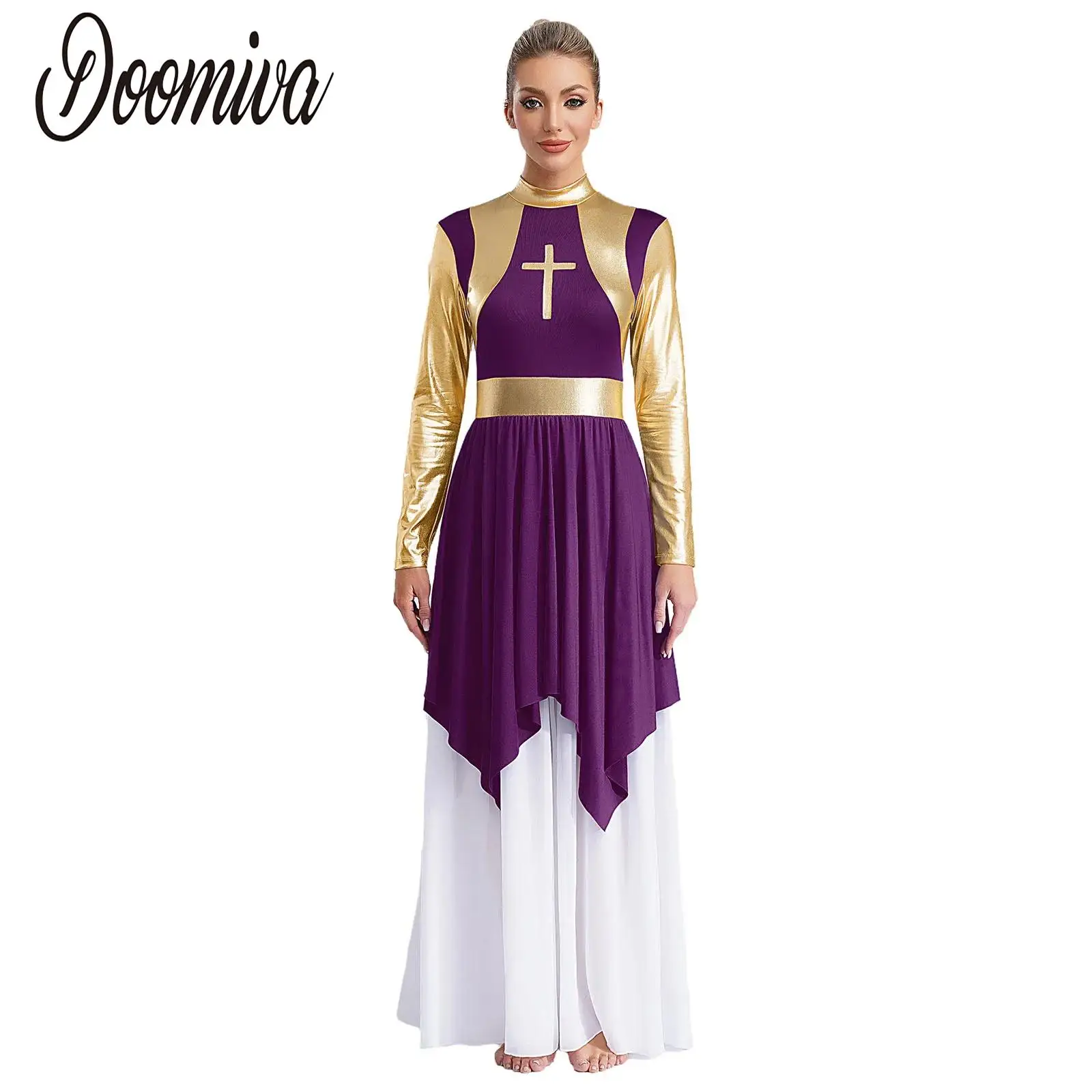 

Women Worship Robe Praise Dance Dresses Color Block Long Sleeve Liturgical Dress Dancewear Lyrical Dancing Church Choir Costume