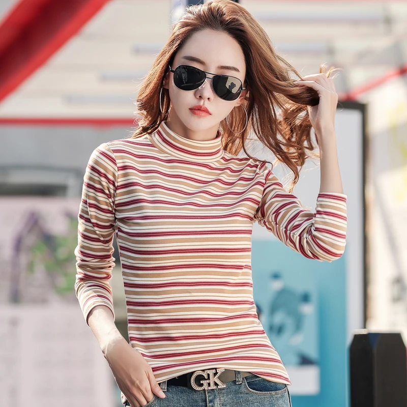 

2025 Autumn Winter Simple Base Layer Top Vintage Striped Turtleneck Long Sleeve T-shirt New Slim Versatile Color Blocked Tees