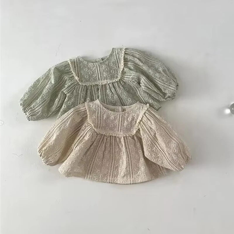 2025 New Autumn Toddlers Girls Lace Blouses Puff Sleeve Ruched Tops Korean Style Baby Kids Loose Shirts Children Clothing