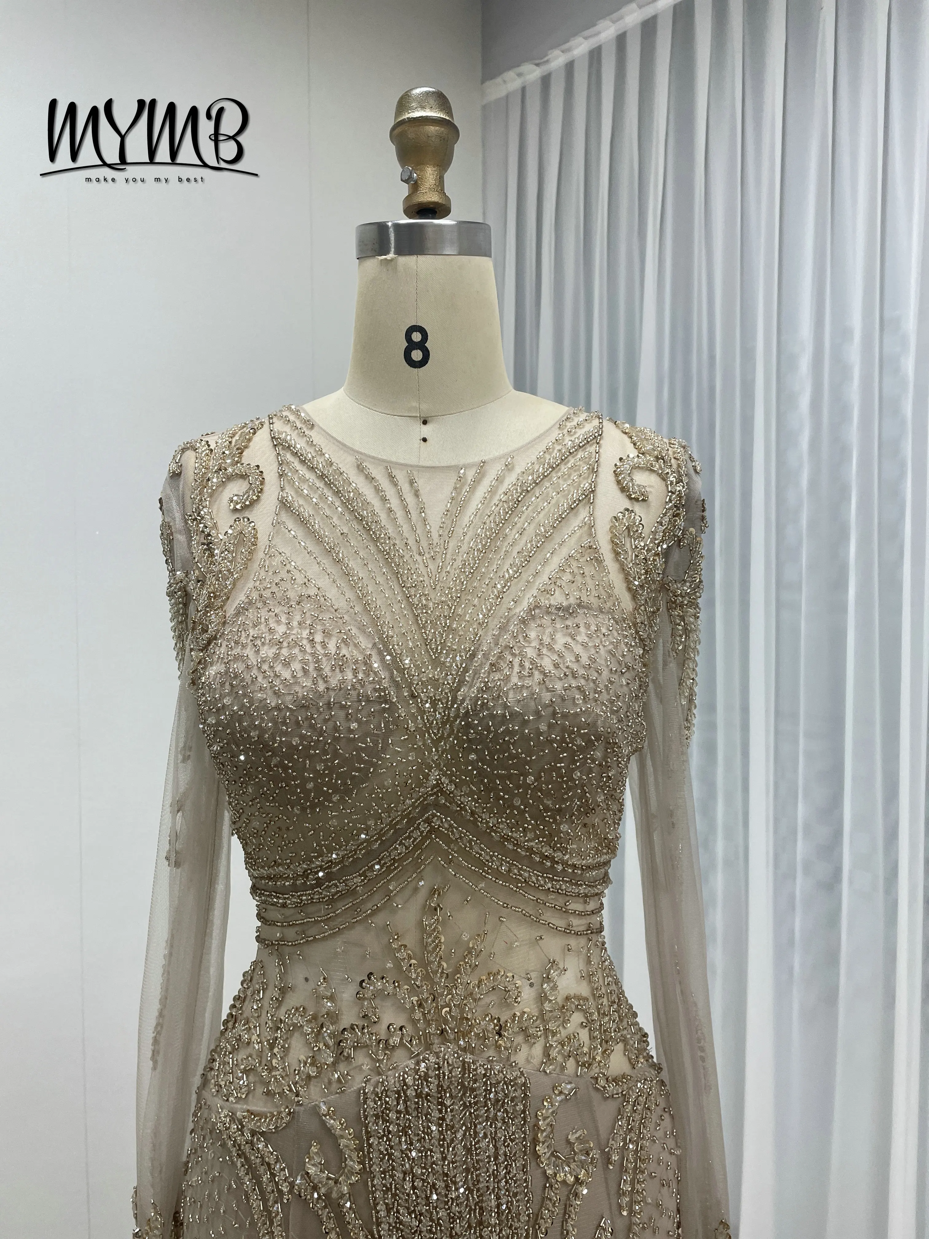 MYMB Hot Sale Exquisite Caramel Elegant Luxury Sexy See Through Beaded Embroidery Long Sleeve Vintage Evening Dresses DSL62101-2