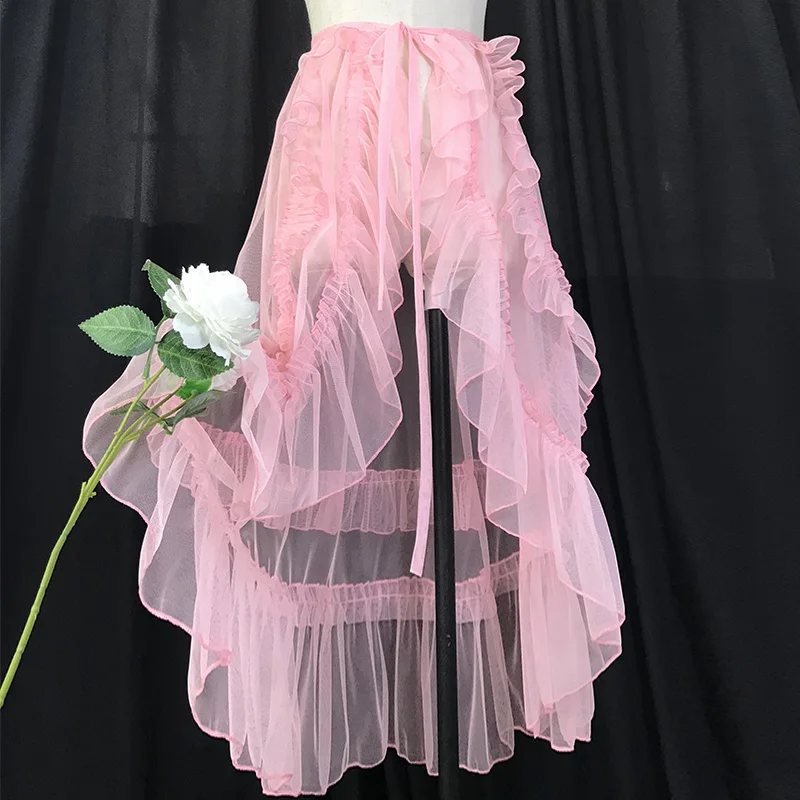 2026 Detachable Tulle Overskirt Women Ruffled High Low Skirt Lolita Gothic Steampunk Bridal Cosplay Halloween Party White Pink view 4