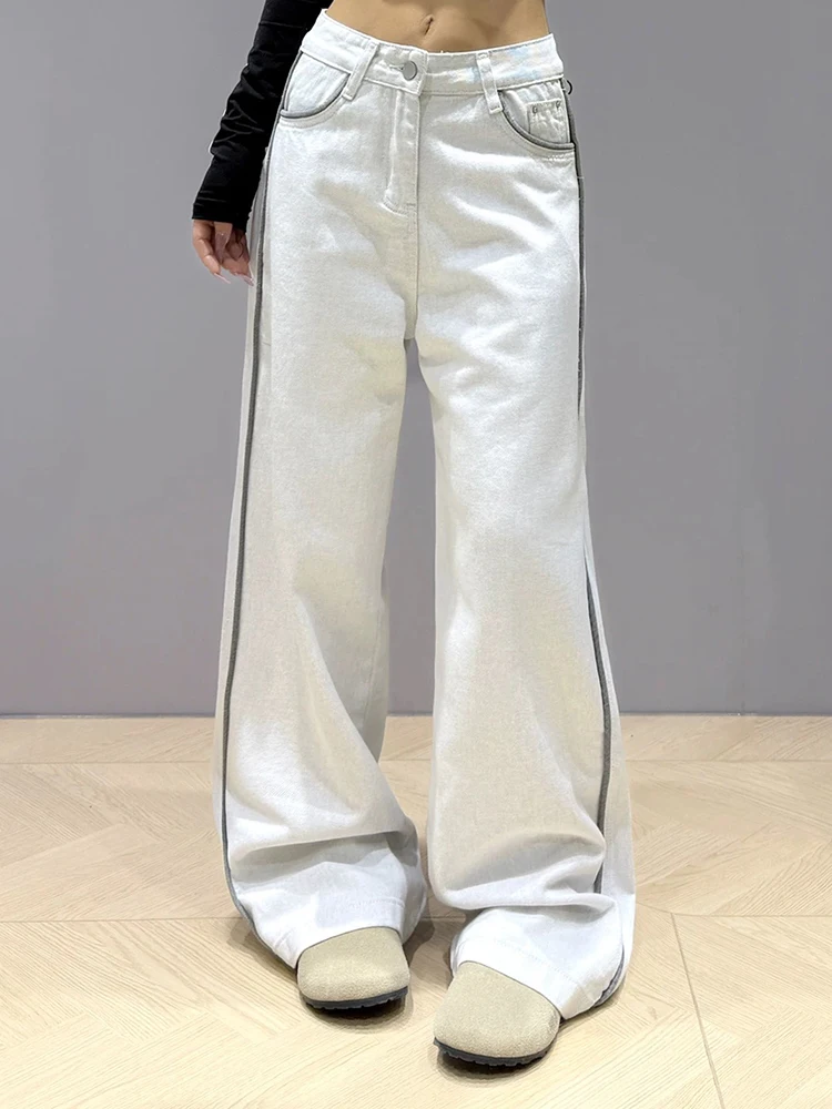 

Y2K широкие джинсы женские контрастные цветные линии дизайн для похудения простые универсальные прямые брюки-тапочки осень новинка