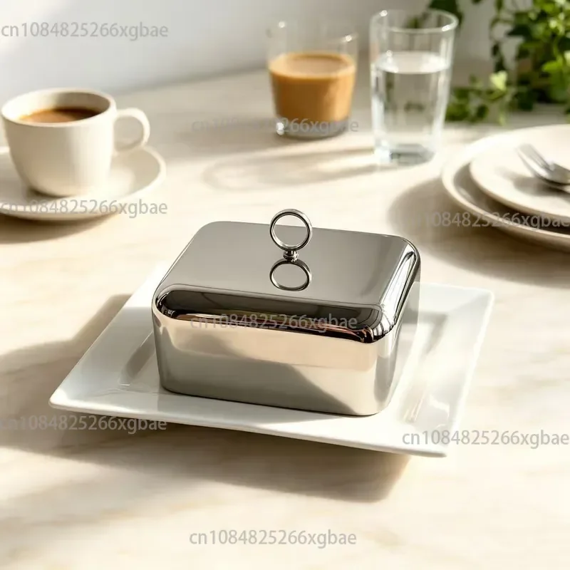 Butter Cover 304 Stainless Steel Butter Box Dim Sum Tray Cheese Cheese Cover Bread Pastry Cover with Ceramic Tray