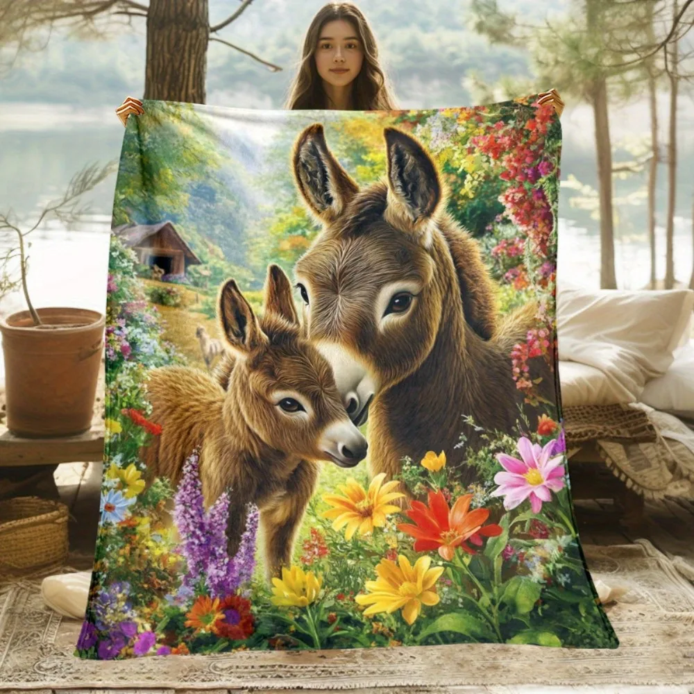 1pc 2D Flat Mother and Child Donkey in a Flower Bush Themed Digital Print Flannel Blanket - 100% Polyester Fiber, Suitable for A