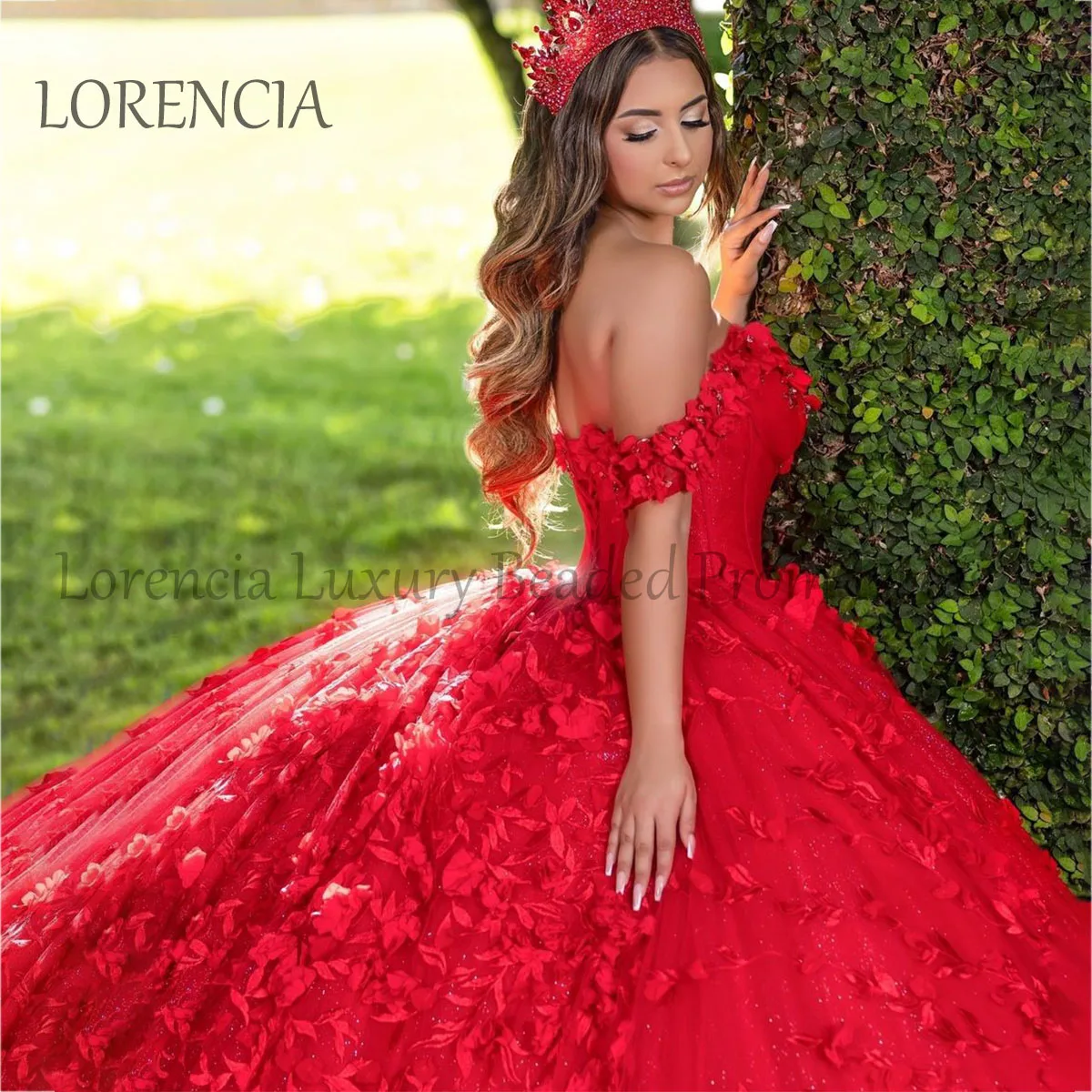 Gaun 2024 Quinceanera merah berkilau applique renda bahu terbuka bunga kristal bahu terbuka Vestidos Formal XV Anos