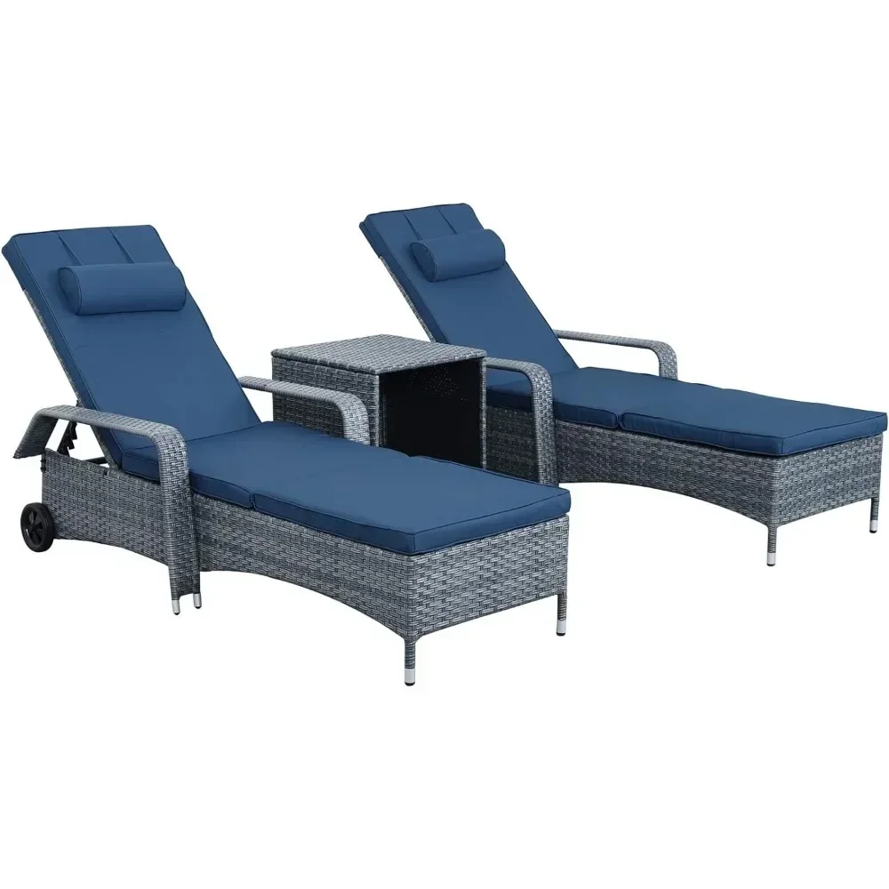 # Hot Patio Rattan Chaise Lounge With Rolling Wheels Adjustable Reclining Backrest 3-Piece PE Wicker Sun Bathing Chair Furniture