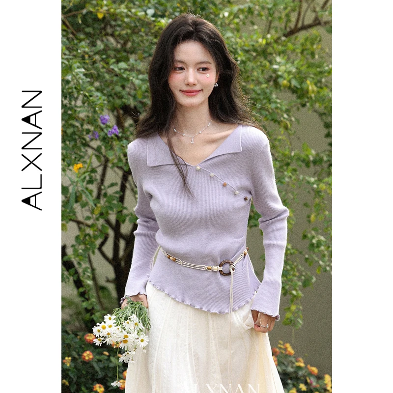 

Женский трикотажный свитер ALXNAN 2026: Новинка Весны, V-образный вырез, длинный рукав, асимметричный дизайн, модный, элегантный, с бисером, женский топ L61201