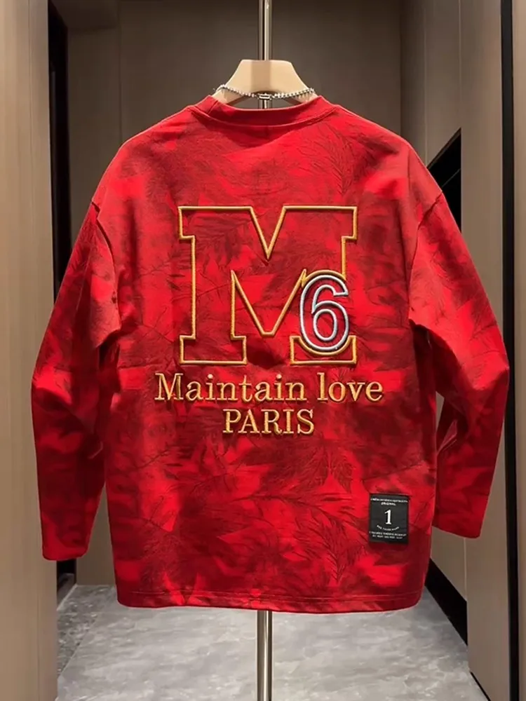 Men's Autumn Thin Long Sve Sweatirt Loose Heavy Embroidery American Retro Sle Casual Comfortable Polyester T-irt