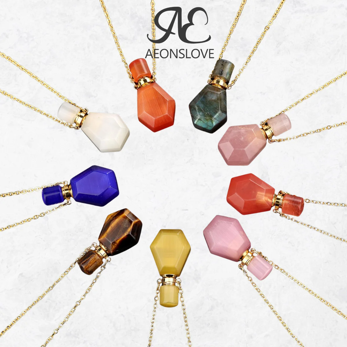 Natural Stone Perfume Bottle Necklace Women Men Healing Crystal Quartz Essential Oil Diffuser Pendant Vial Jewelry Multicolor