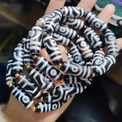 2pcs/lot special ancient intangible cultural heritage penetration process two three-eye agate dzi bead bracelet natural Brown