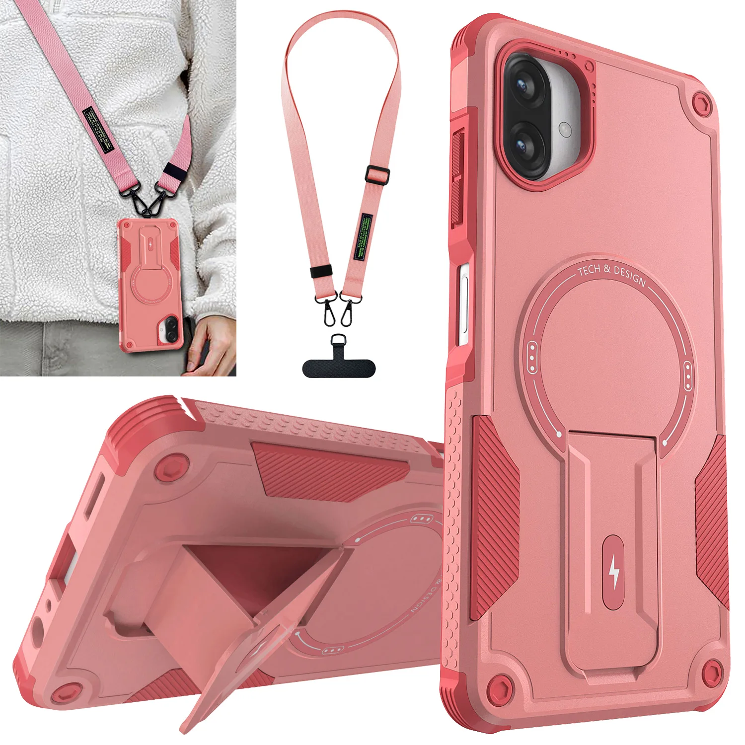 Pink For Samsung Galaxy A07 Case Hybrid Rugged Shockproof Kickstand Magnetic Phone Cover With Lanyard Strap