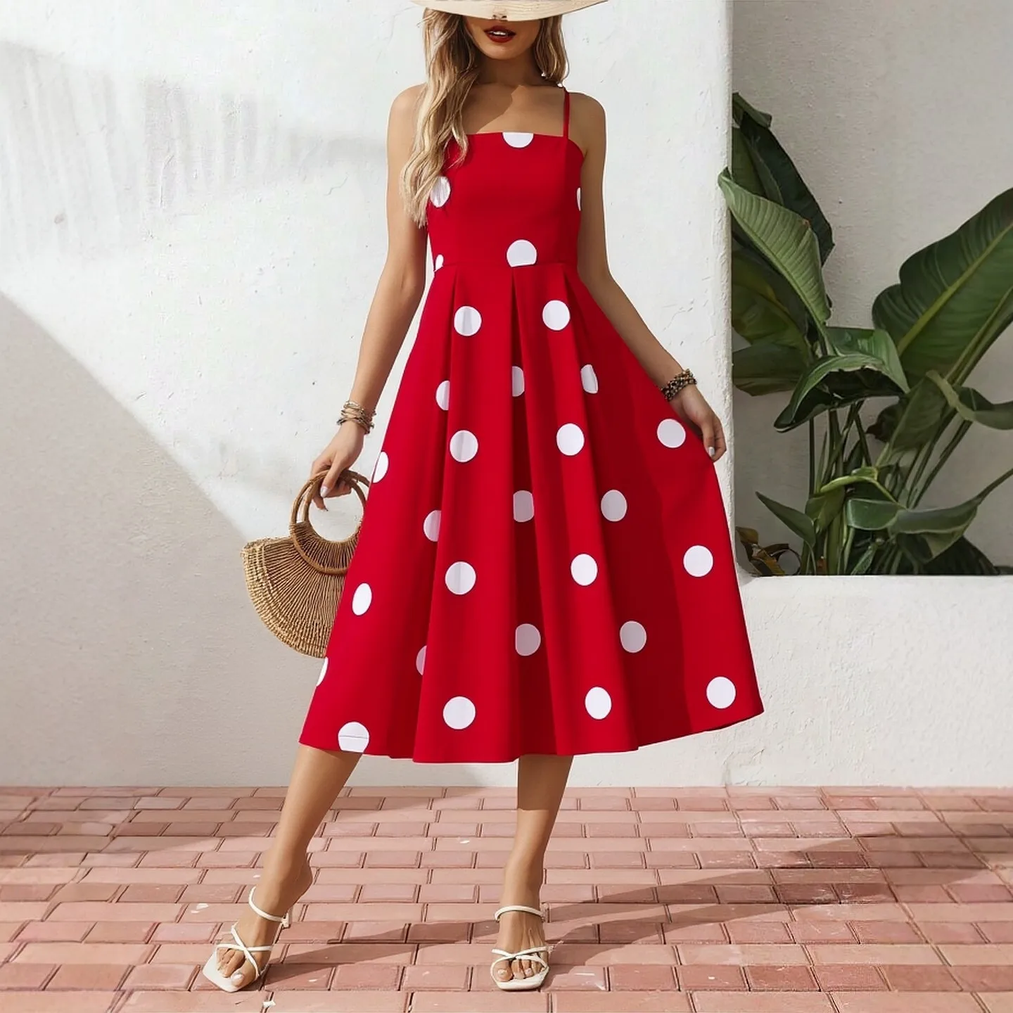 YuooMuoo Korean Fashion Polka Dot Print Long Dress 2026 Summer Spaghetti Straps Slim Waist A-line Party Dress Beach Vestidos