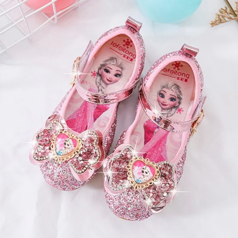 أحذية أميرات إلسا الصيفية، كعب كريستالي أنيق للفتيات وأحذية جلدية للأطفال