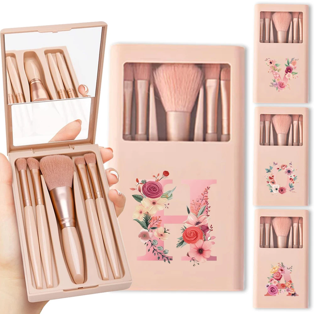 

5Pcs Makeup Pieces With Mirror Durable Dustproof Makeup Brush Organizer Pink Rose Initial Name 26 Letters Pattern