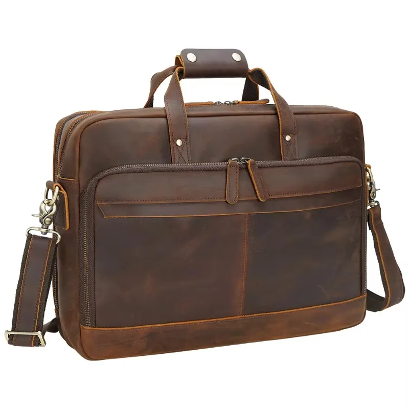 Large capacity 17 inch cowhide travel briefcase retro leather briefcase men