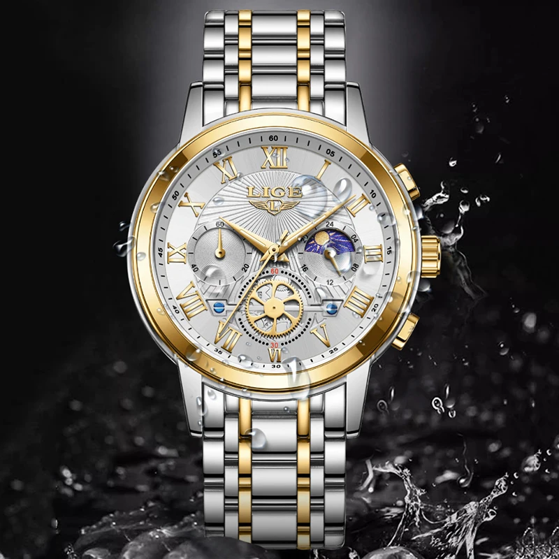 LIGE New Waterproof Women's Quartz Wristwatches Fashion Outdoor Sports Bracelet Watch Women Luxury Moon Phase Date Chronograph