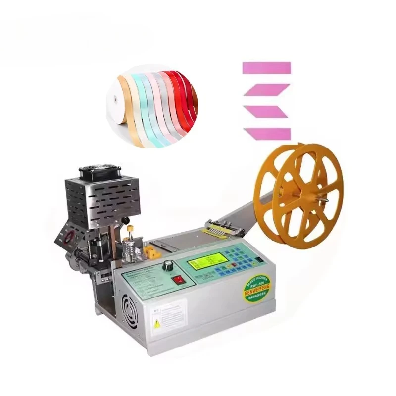 Automatic Bevel Angle Strap Polyester Hot Blade Webbing Satin Ribbon Label Cutter Cutting Machine