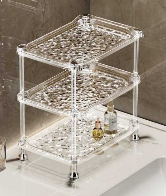 Clear Multi‑Tier Acrylic Bathroom Storage Shelf Water Ripple Organizer Stand for Shower Vanity Kitchen Countertop