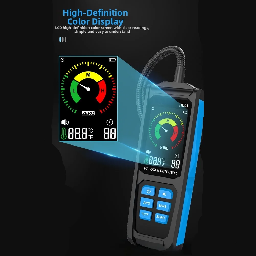 HD01 Refrigerant-Halogen Tester Meter Air Conditioning Leak Detector 0-1000PPM Dual Alarm System R22 R32 R134A Gas Leak Detector