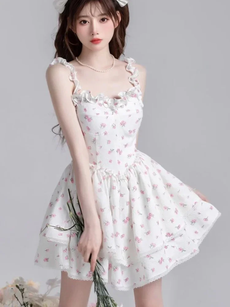 Mini vestido floral feminino, princesa, projetado em camadas, estético, estilo coreano, império, estudantes, casual, novo, verão