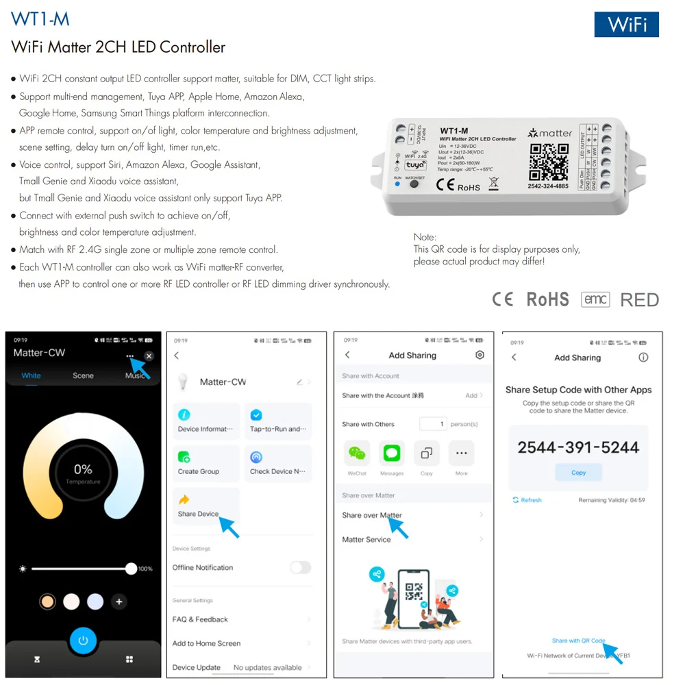 WiFi Matter 2CH LED Controller DC12V 24V 2CH*5A WW CW CCT Controller 2.4G RF Remote Dimming for Tuya Homekit Alexa SmartThings