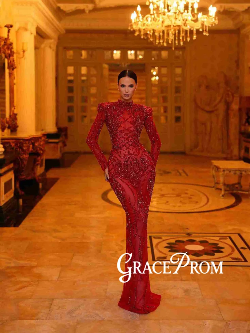 

New Stylish Beaded Sheath Evening Dress Chic High Collar Long Sleeve Wedding Party Gown Customized Royal Illusion Banquet Gowns