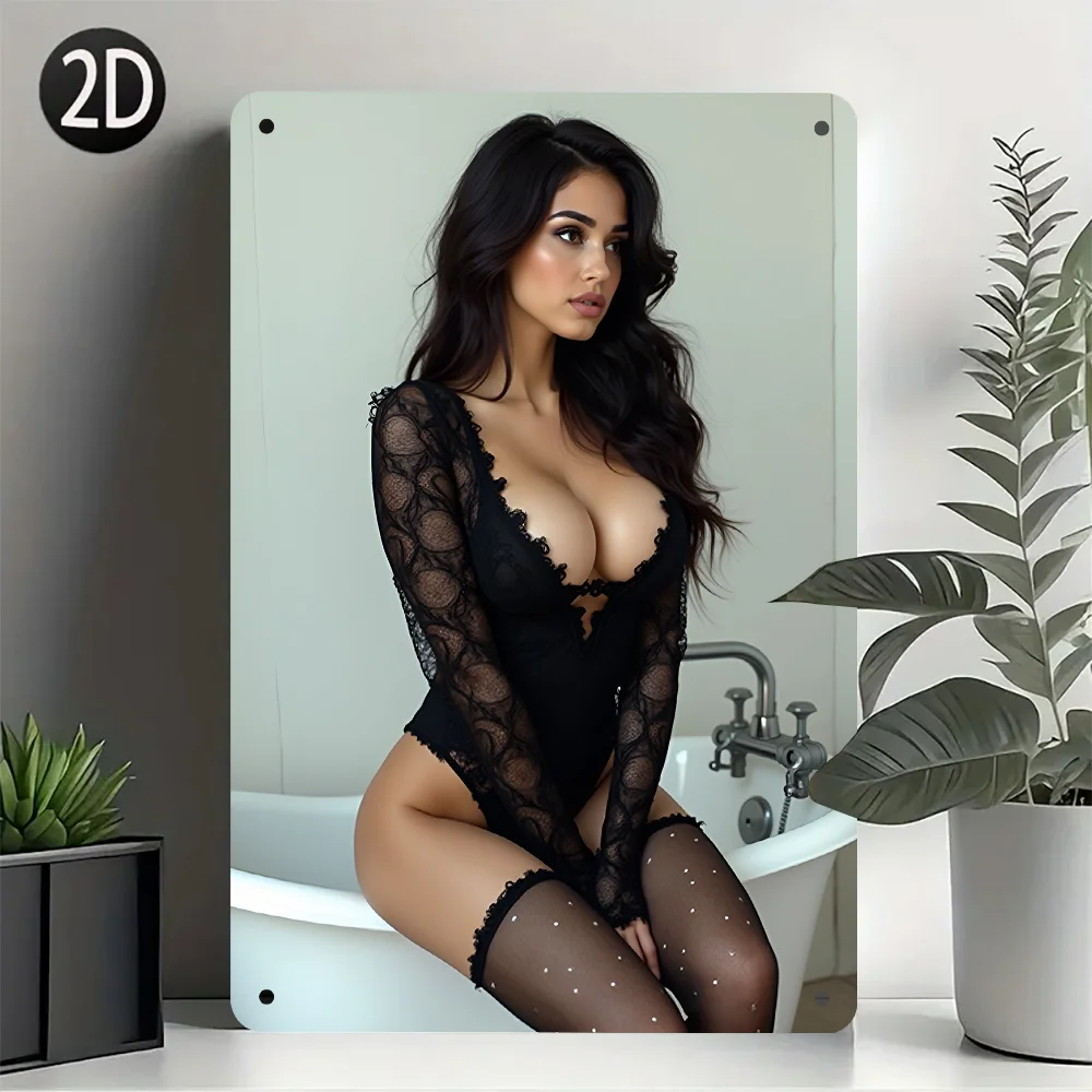 Panneau mural en fer d'inspiration vintage « Sexy Beauties » - Dentelle noire élégante, motif à pois, parfait pour les mancaves, les bars, les garages D