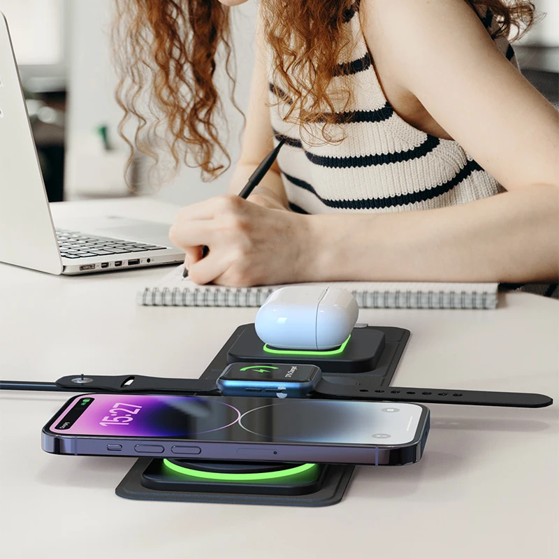 3-in-1折りたたみ式ワイヤレス充電器、iphone、apple-watch、airpods用ポータブル磁気充電ステーション