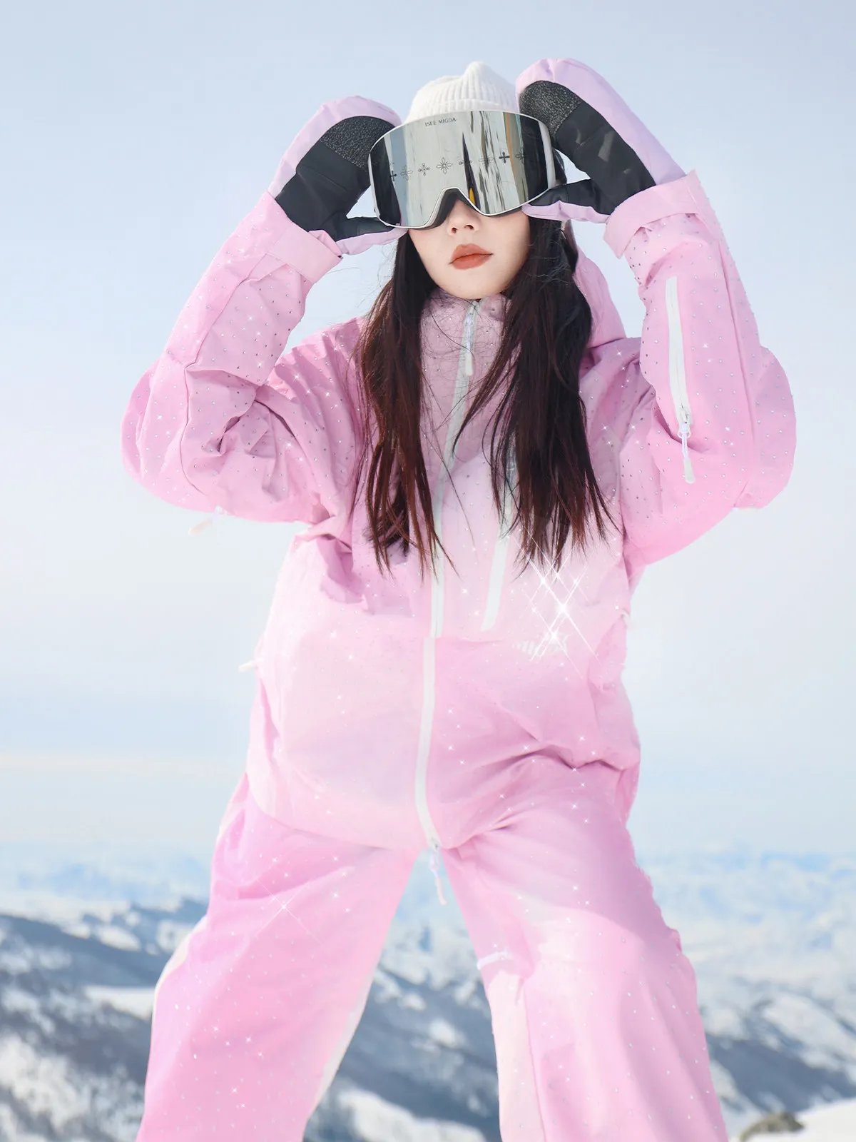 Women's Pink Rhinestone-Embellished 3L Snowboard Ski Suit Set, Relaxed Fit Waterproof Thermal Jacket & Bib