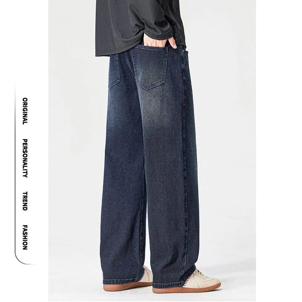 Men's Trendy Wide-Leg Straight Jeans – Loose Fit Stretch Denim Pants for Streetwear & Casual Wear (Blue, Black)
