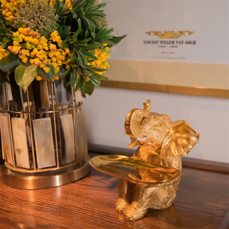 

Resin Handicrafts Cute Golden Elephant Tray Key Candy Storage Ornaments Feng Shui Home Living Room Entrance Desktop Decorations
