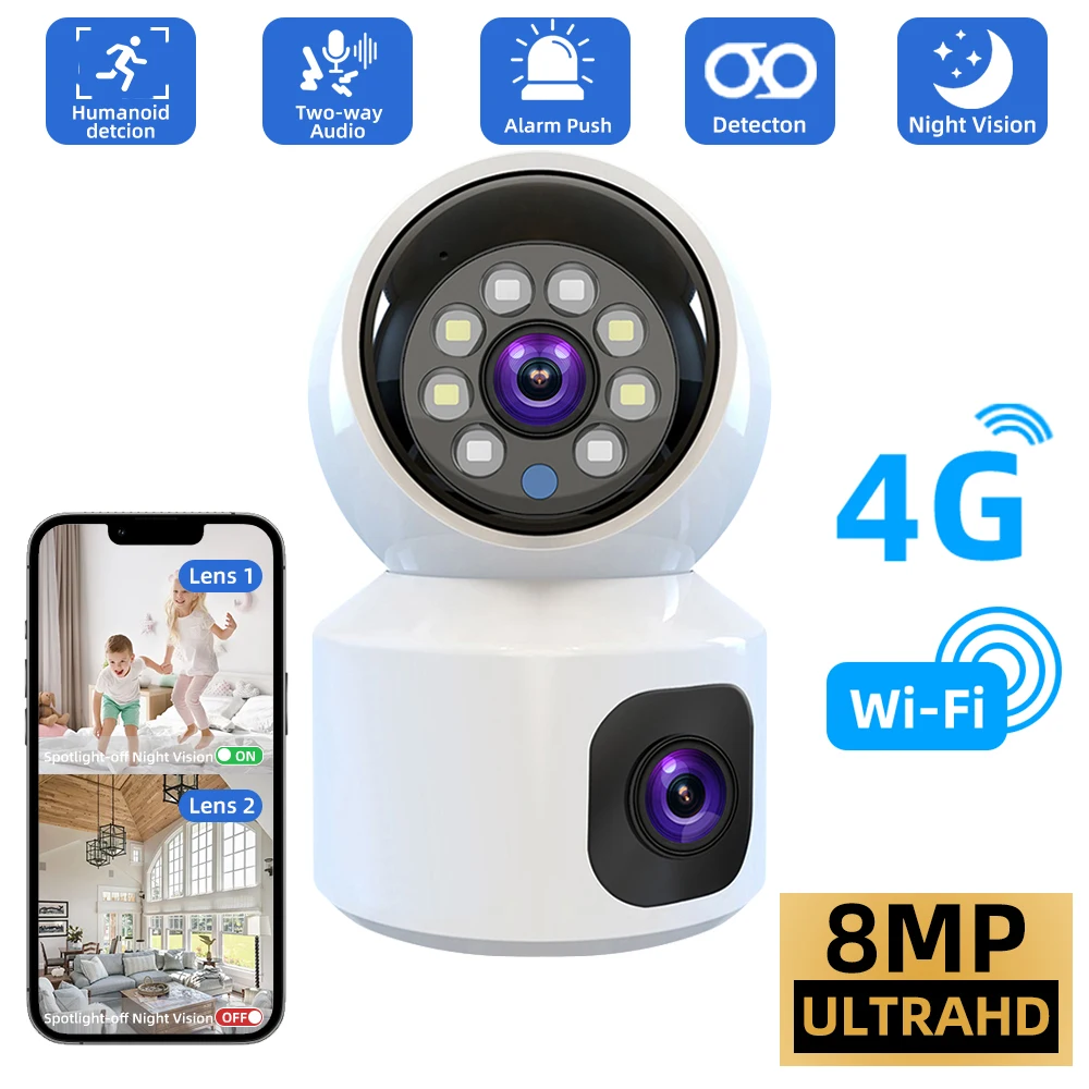 كاميرا V380 Pro مزدوجة العدسة بدقة 8 ميجابكسل، كاميرا لا سلكية بدقة 4G، حماية منزلية ذكية، كاميرا CCTV داخلية، صوت ثنائي الاتجاه