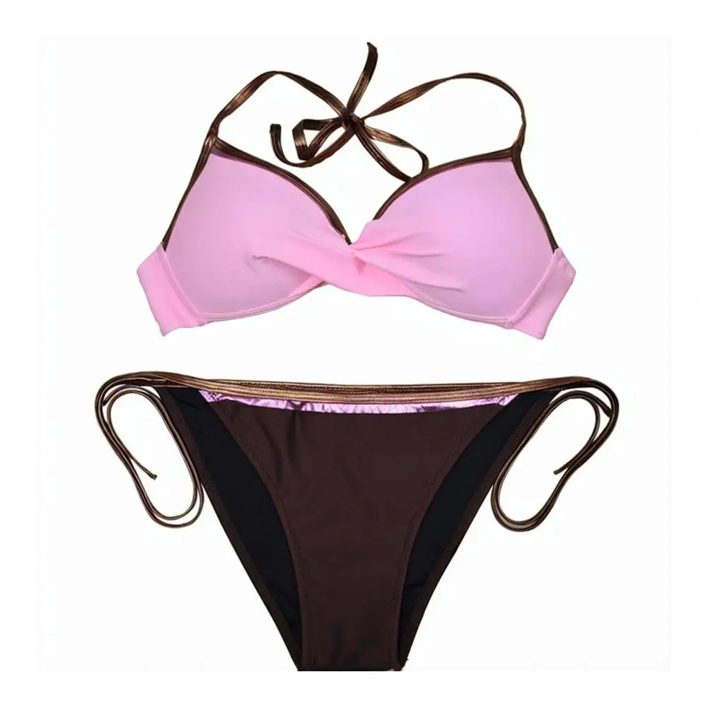 Halter Swimwear Women's Lace-up Halter Bikini Set with Contrast Color Low-rise Briefs Sexy V-neck Swimsuit Bathing for Summer