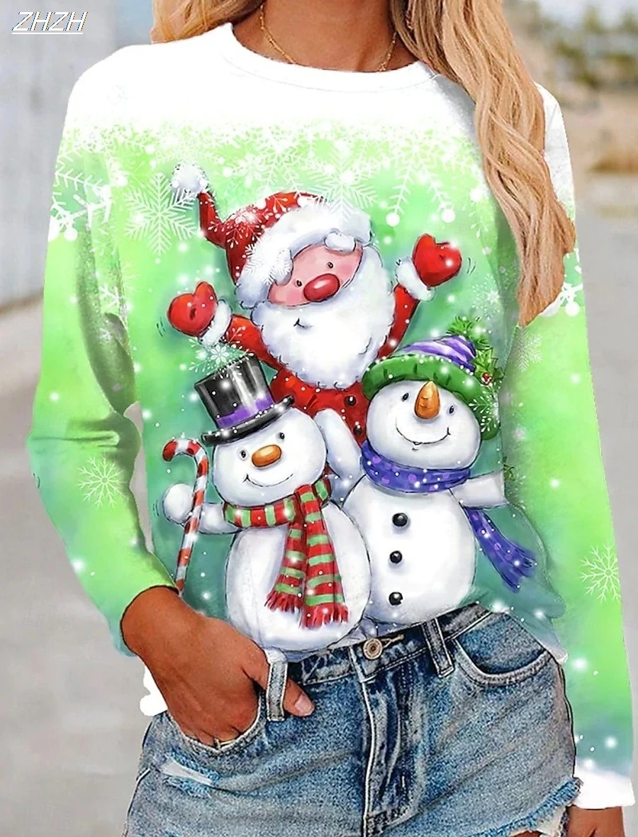 2025 Christmas Women's T Shirt Graphic Santa Claus Snowman Fashion Casual Long Sleeve Crew Neck Regular Tops Print Spring Fall